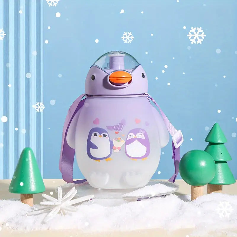 Cartoon Penguin Water Bottle with Straw & Strap – Cute Gradient Design