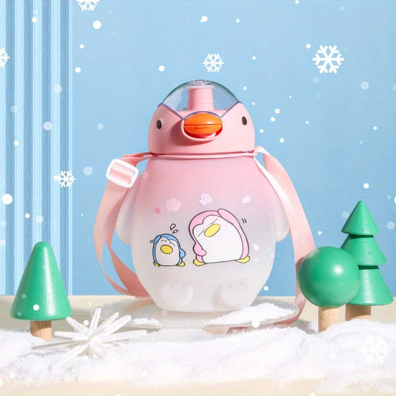 Cartoon Penguin Water Bottle with Straw & Strap – Cute Gradient Design