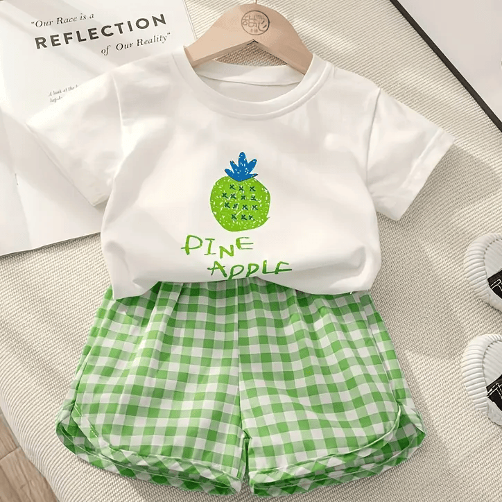 Girls' Summer Fruit Print Dress Set – Pineapple, Apple & Peach Designs