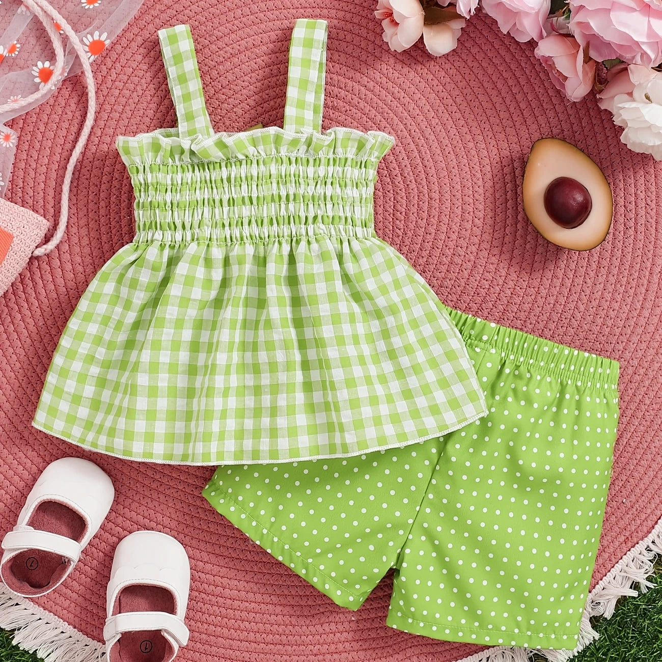 Girls 2pc Strawberry Print Gingham Dress – Summer Toddler Outfit