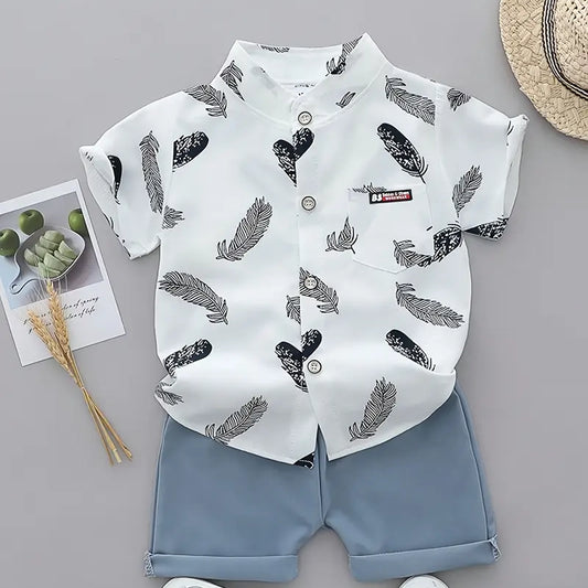 2pc Toddler Feather Print Summer Outfit for boys