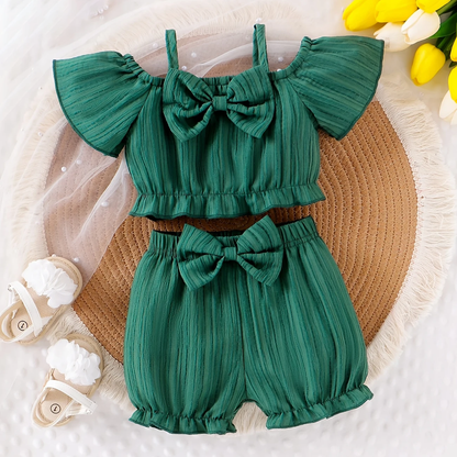2pcs Baby Girls Summer Outfit – Hollow Shoulder Top & Bow Shorts Se