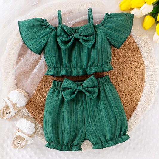 2pcs Baby Girls Summer Outfit – Hollow Shoulder Top & Bow Shorts Se