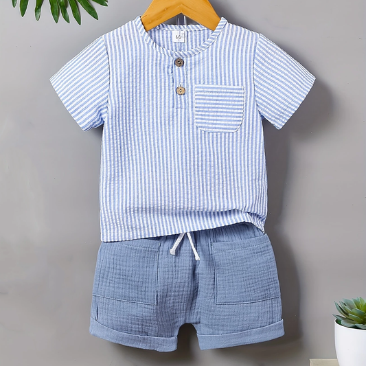 Boys' Summer Striped Cotton T-Shirt and Denim Shorts Set