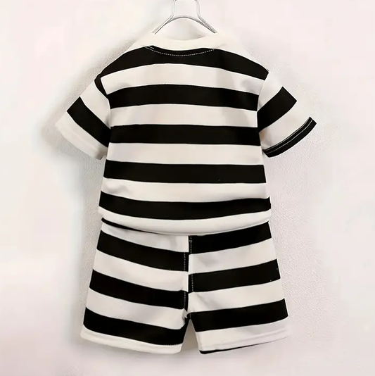 2pcs Boys Summer Striped Shirt & Shorts Set with Bear Patch