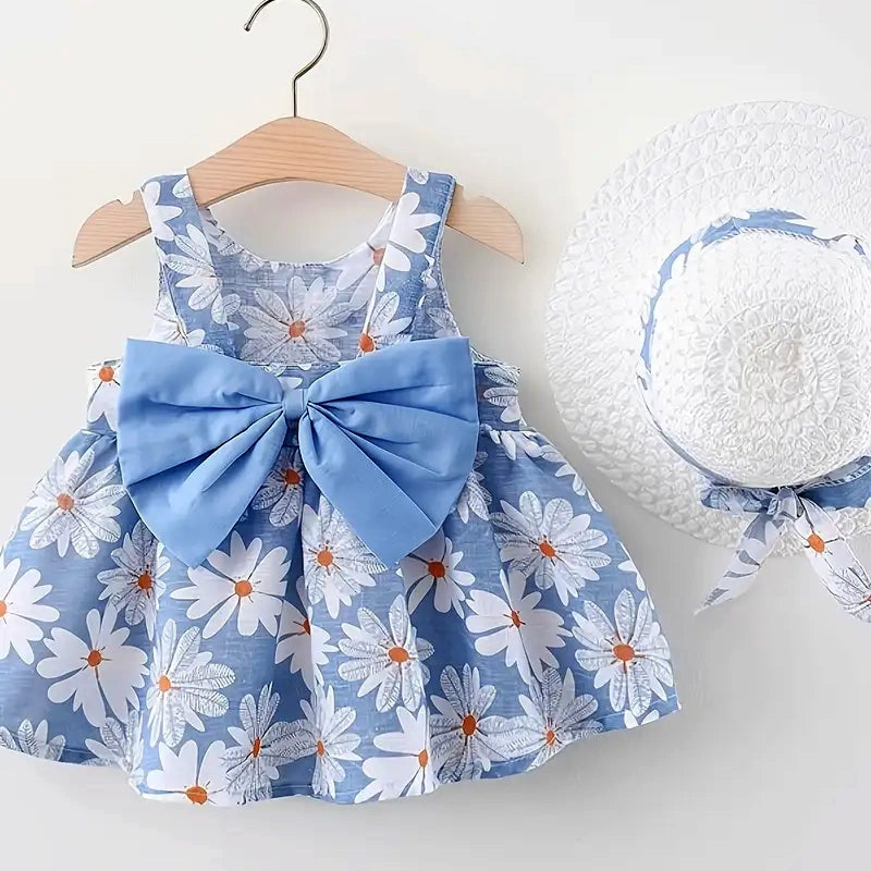 Summer Floral Bow Dress & Hat Set for Baby Girls