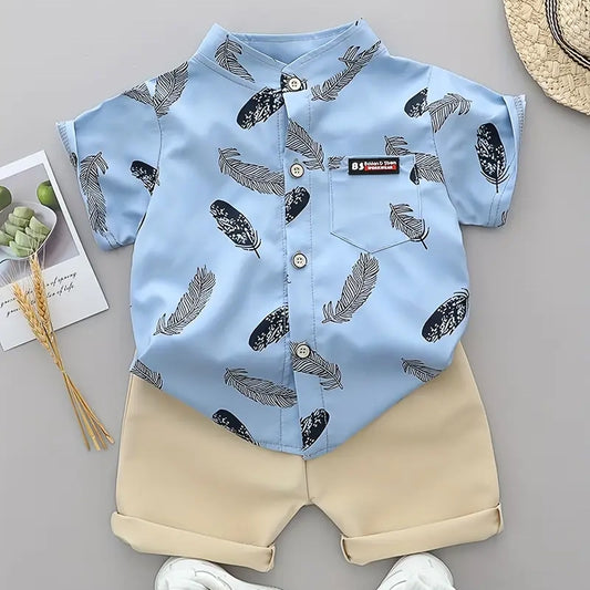 2pc Toddler Feather Print Summer Outfit for boys