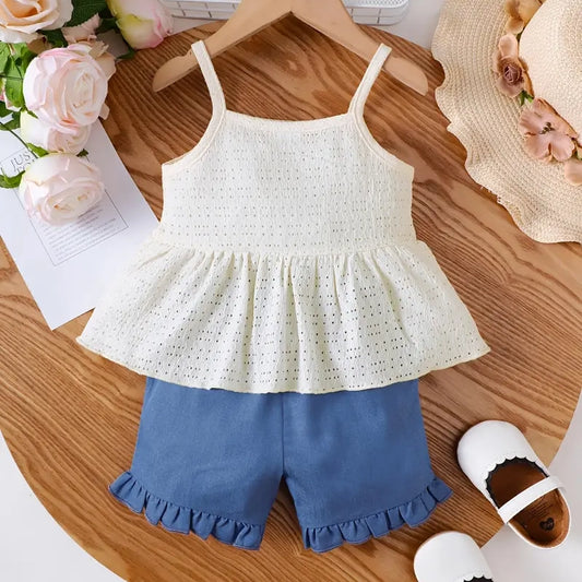 2pc Toddler Girl Summer Outfit – Eyelet Cami Top & Ruffled Shorts Set