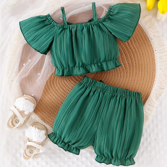 2pcs Baby Girls Summer Outfit – Hollow Shoulder Top & Bow Shorts Se