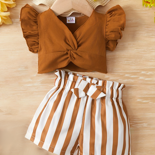 Stylish Twisted Sleeve Top with Striped Bow Shorts – Ideal for Playtime