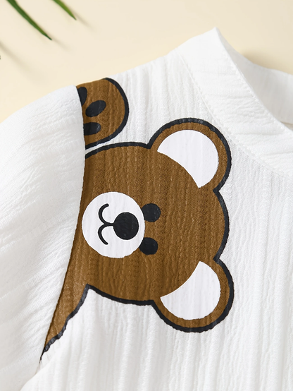 2pcs Boys' Bear Print Summer Outfit – Shirt & Cuffed Shorts Set