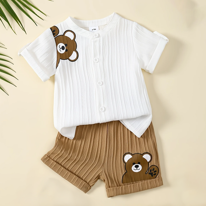 2pcs Boys' Bear Print Summer Outfit – Shirt & Cuffed Shorts Set