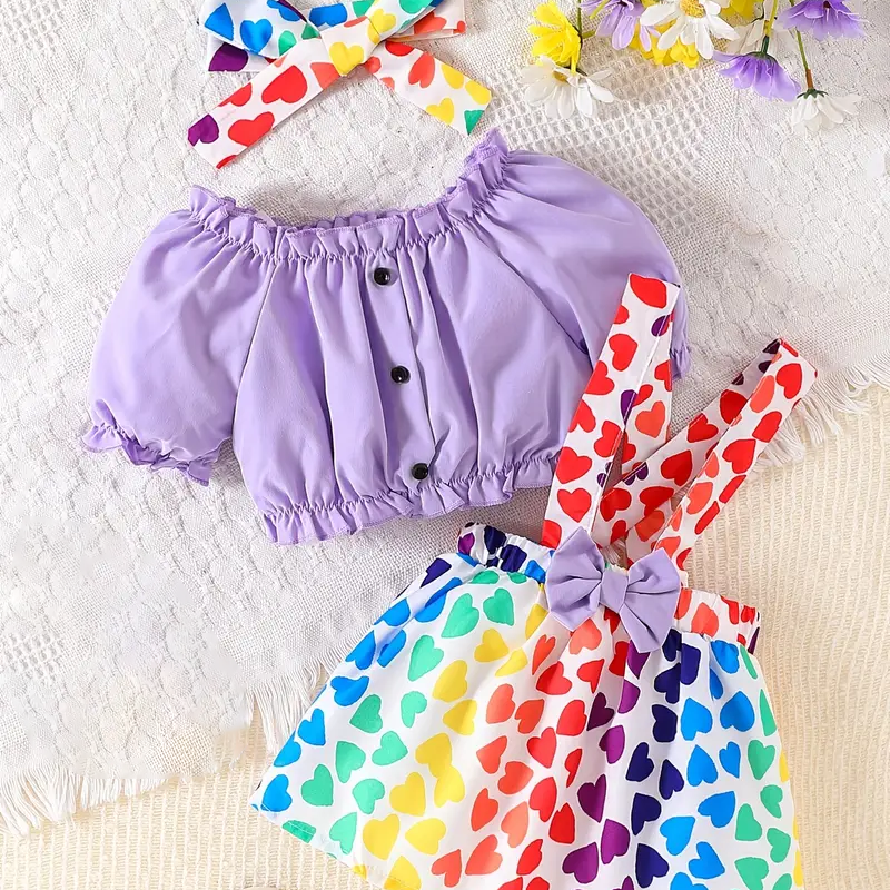 Baby Girl Purple Heart Print Romper set – Ruffle Sleeves & Strapback