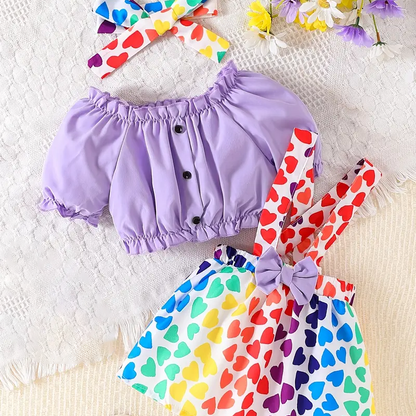 Baby Girl Purple Heart Print Romper set – Ruffle Sleeves & Strapback