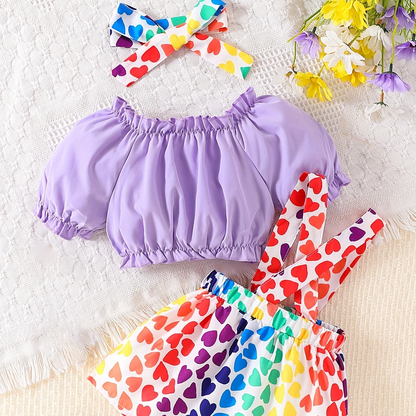 Baby Girl Purple Heart Print Romper set – Ruffle Sleeves & Strapback