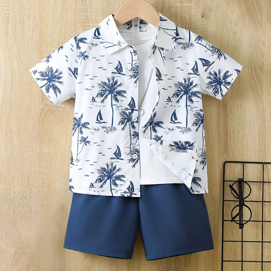 2pcs Boys Coconut Tree Print Summer Shirt & Shorts Set
