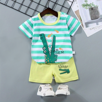 Boys' 2-Piece Cotton Lion & Crocodile Print T-Shirt& Shorts - Summer outfit