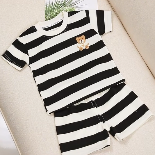 2pcs Boys Summer Striped Shirt & Shorts Set with Bear Patch